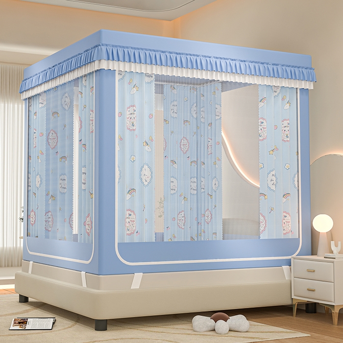 91家纺网 家纺一手货源 找家纺 千逸虹 2025新款坐床防摔可拆卸遮光双层布帘蚊帐 彩虹兔