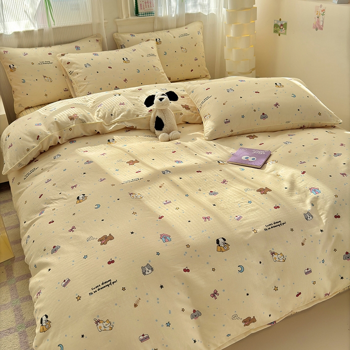 91家纺网 家纺一手货源 找家纺 沐棉家居 2025新款全棉双层纱四件套 萌宠