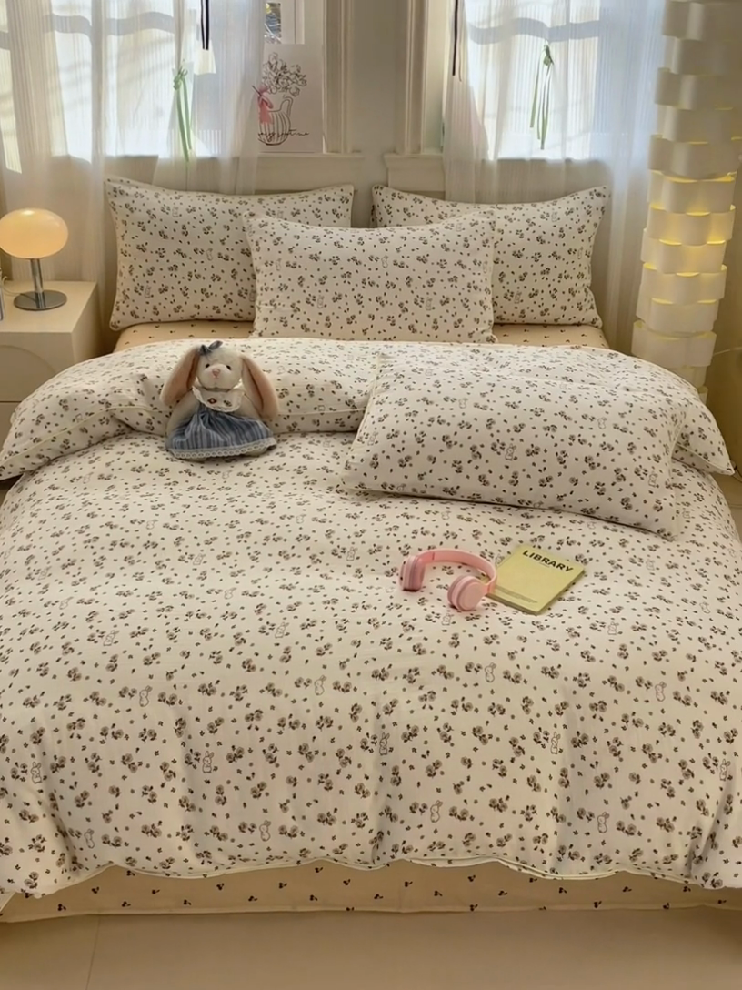 91家纺网 家纺一手货源 找家纺 沐棉家居 2025新款全棉双层纱四件套 花丛小兔