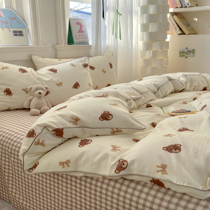 91家纺网 家纺一手货源 找家纺 沐棉家居 2025新款全棉双层纱四件套 迷你熊