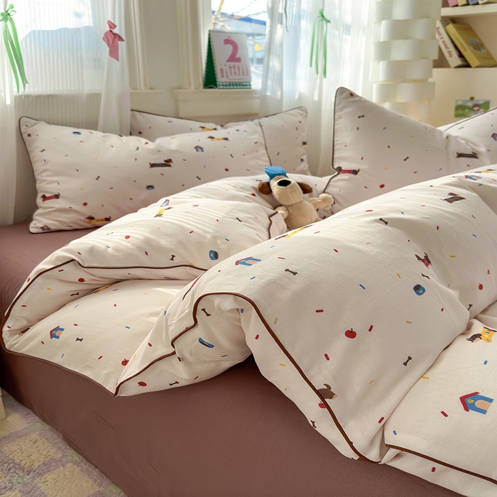 91家纺网 家纺一手货源 找家纺 沐棉家居 2025新款全棉双层纱四件套 腊肠狗