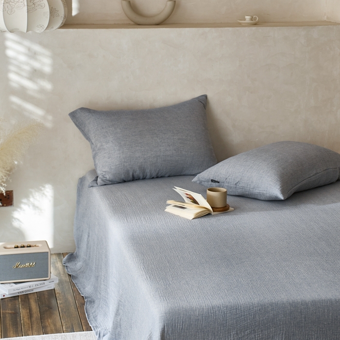 91家纺网 家纺一手货源 找家纺 蓝邻 2025新款全棉双层皱皱纱单品系列-单床单 黛蓝