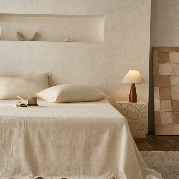 91家纺网 家纺一手货源 找家纺 蓝邻 2025新款全棉双层皱皱纱单品系列-单床单 奶昔白