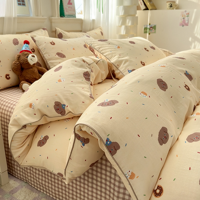 91家纺网 家纺一手货源 找家纺 沐棉家居 2025新款全棉双层纱四件套 狗狗派对