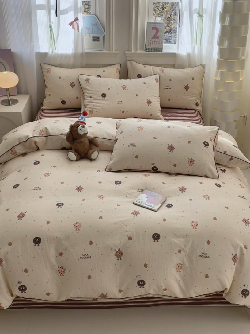 91家纺网 家纺一手货源 找家纺 沐棉家居 2025新款全棉双层纱四件套 曲奇饼干