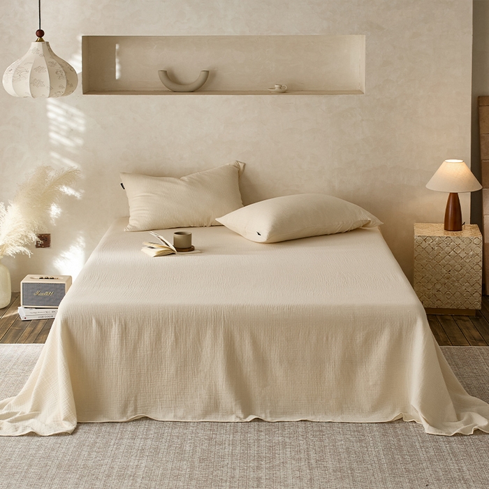 91家纺网 家纺一手货源 找家纺 蓝邻 2025新款全棉双层皱皱纱单品系列-单床单 奶昔白