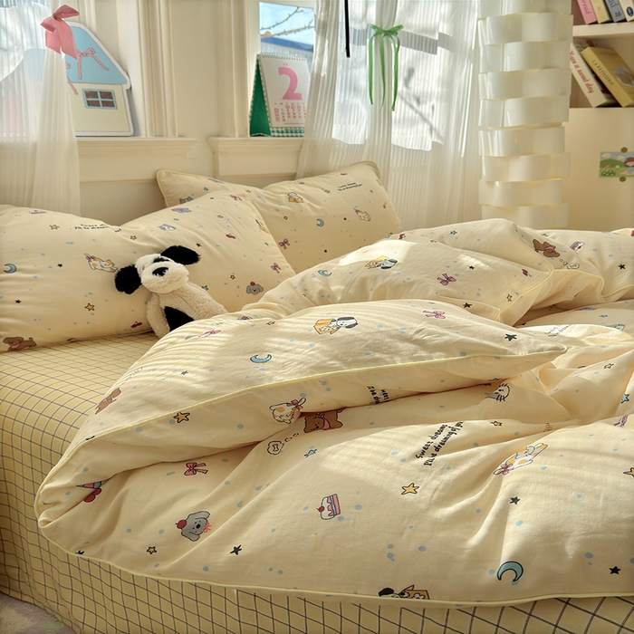 91家纺网 家纺一手货源 找家纺 沐棉家居 2025新款全棉双层纱四件套 萌宠