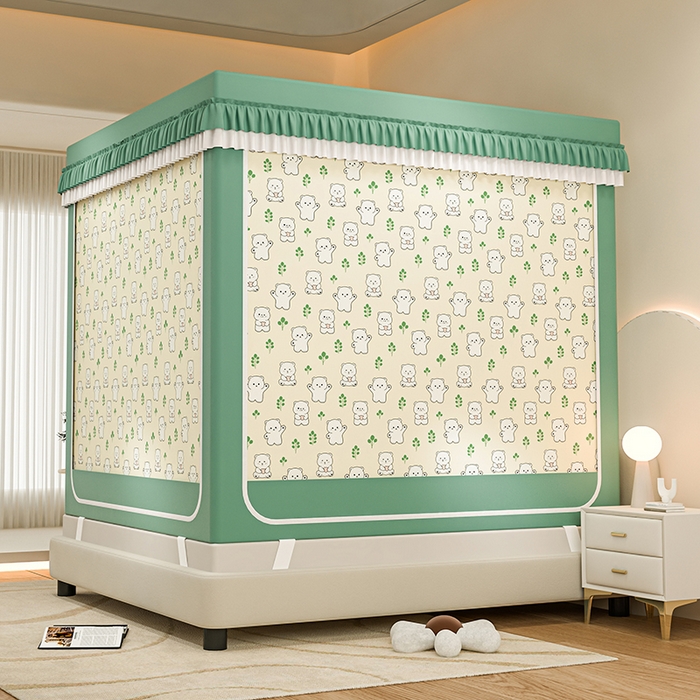 91家纺网 家纺一手货源 找家纺 千逸虹 2025新款坐床防摔可拆卸遮光双层布帘蚊帐 熊熊乐园