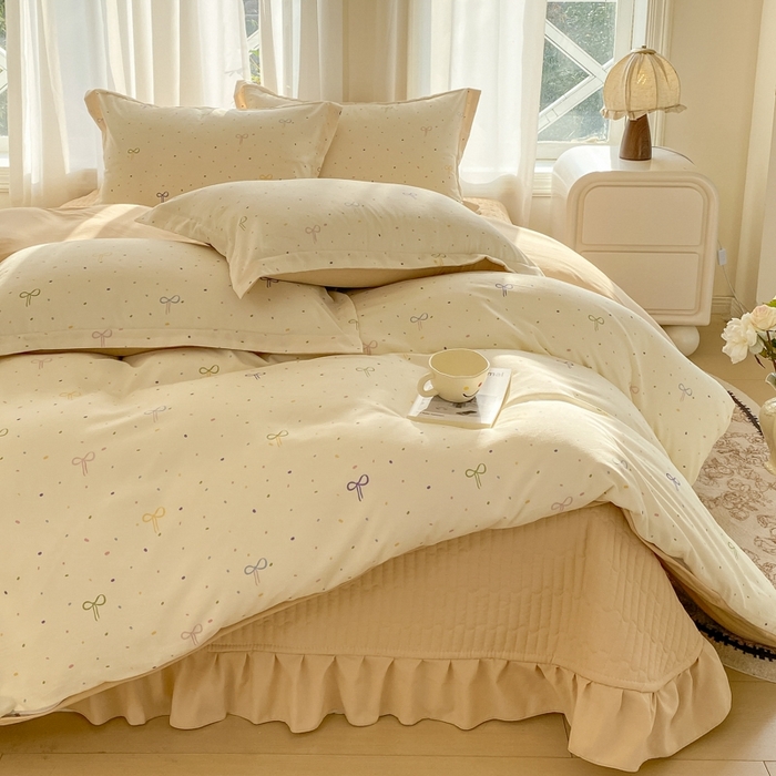 91家纺网 家纺一手货源 找家纺 尚美 2025新款小碎花针织棉床盖四件套 波点蝴蝶