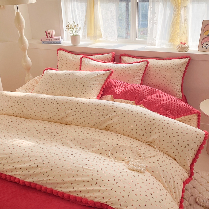 91家纺网 家纺一手货源 找家纺 千朵 2025新款棉加豆豆绒毛毛球边四件套 小幸运