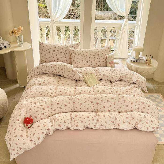 91家纺网 家纺一手货源 找家纺 韩巢家纺 2025新款云感双层纱床上用品四件套超柔裸睡级床单被套三件套-(提供卖家秀) 落日暮年