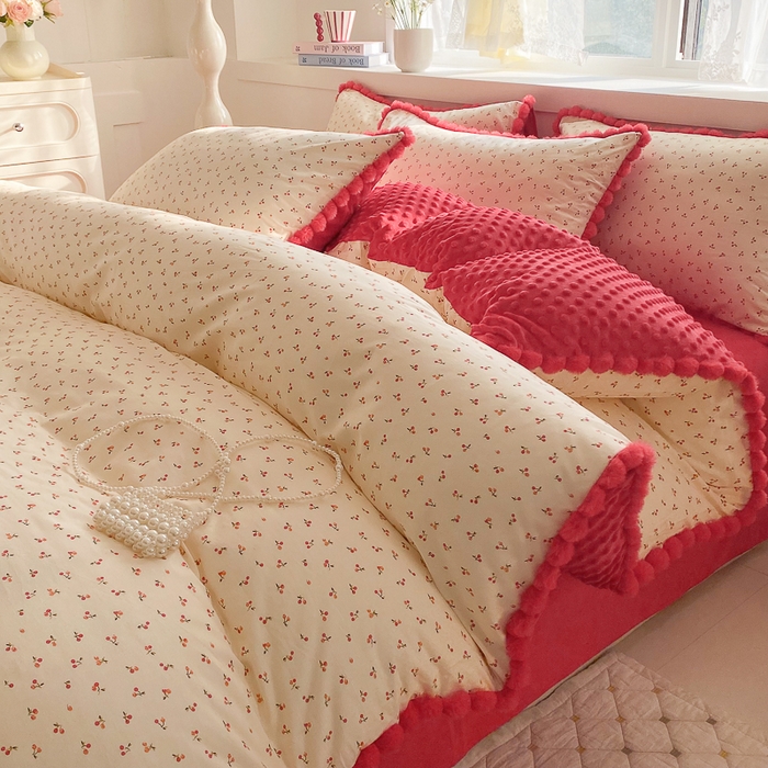 91家纺网 家纺一手货源 找家纺 千朵 2025新款棉加豆豆绒毛毛球边四件套 小幸运