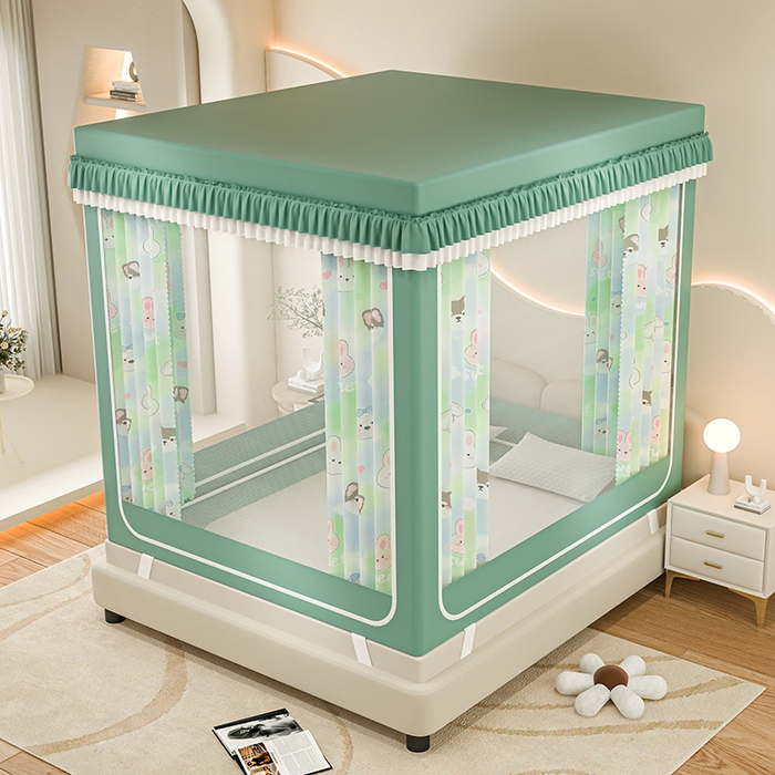 91家纺网 家纺一手货源 找家纺 千逸虹 2025新款坐床防摔可拆卸遮光双层布帘蚊帐 萌宠来袭