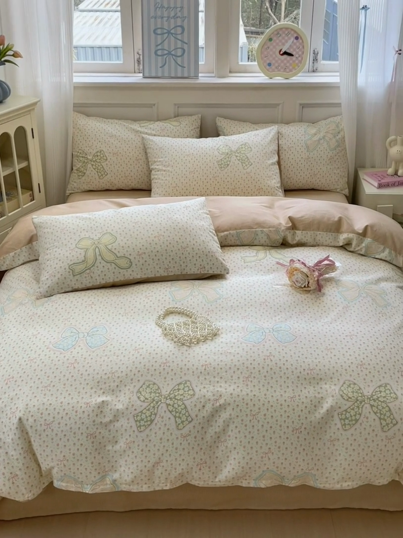 91家纺网 家纺一手货源 找家纺 沐棉家居 2025新款全棉印花四件套 蝴蝶结