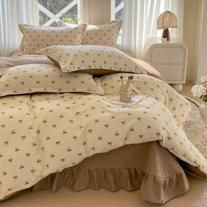 91家纺网 家纺一手货源 找家纺 尚美 2025新款小碎花针织棉床盖四件套 蝴蝶结