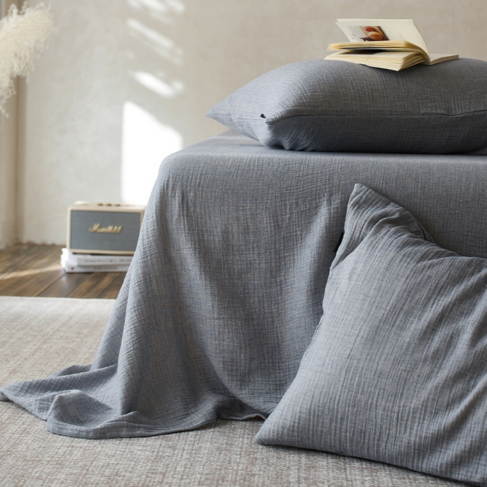 91家纺网 家纺一手货源 找家纺 蓝邻 2025新款全棉双层皱皱纱单品系列-单床单 黛蓝