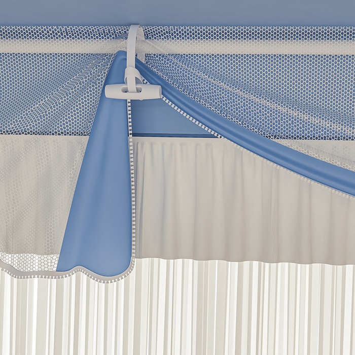 91家纺网 家纺一手货源 找家纺 千逸虹 2025新款坐床防摔可拆卸遮光双层布帘蚊帐 彩虹兔