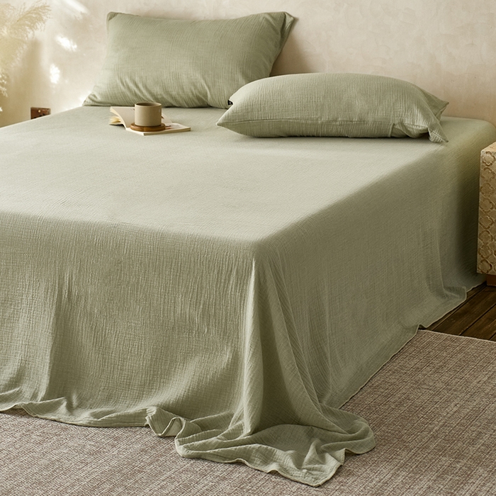 91家纺网 家纺一手货源 找家纺 蓝邻 2025新款全棉双层皱皱纱单品系列-单床单 牛油果绿