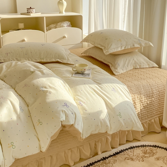 91家纺网 家纺一手货源 找家纺 尚美 2025新款小碎花针织棉床盖四件套 波点蝴蝶