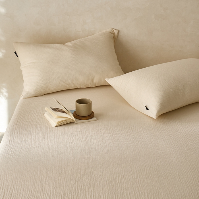 91家纺网 家纺一手货源 找家纺 蓝邻 2025新款全棉双层皱皱纱单品系列-单床单 奶昔白