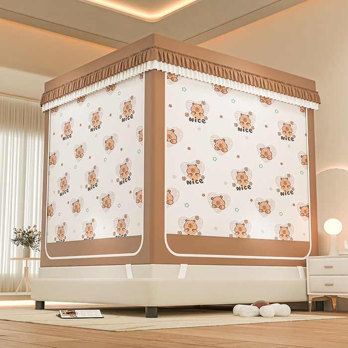 91家纺网 家纺一手货源 找家纺 千逸虹 2025新款坐床防摔可拆卸遮光双层布帘蚊帐 嗨皮萌宠