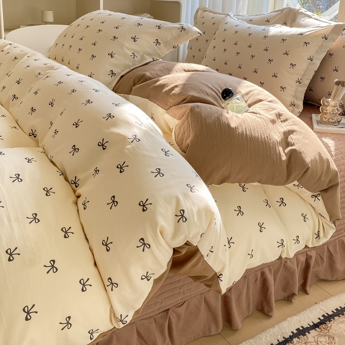 91家纺网 家纺一手货源 找家纺 尚美 2025新款小碎花针织棉床盖四件套 蝴蝶结