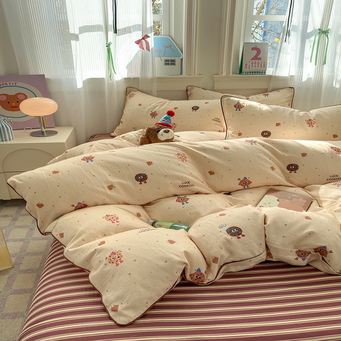 91家纺网 家纺一手货源 找家纺 沐棉家居 2025新款全棉双层纱四件套 曲奇饼干