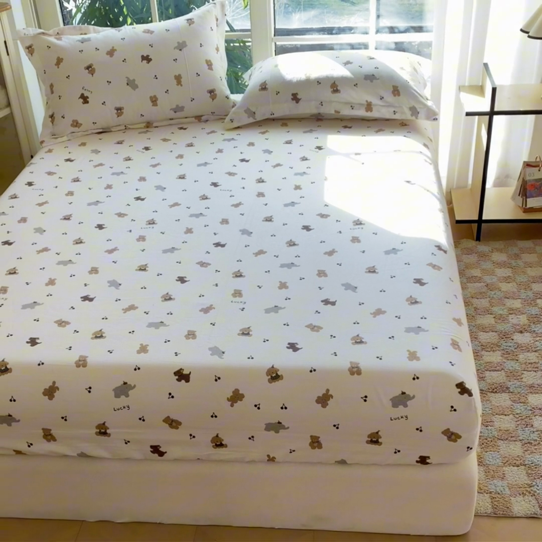 91家纺网 家纺一手货源 找家纺 晨希家居 2025新款全棉A类双层纱床笠 简派小熊