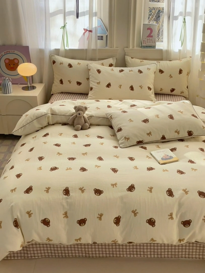 91家纺网 家纺一手货源 找家纺 沐棉家居 2025新款全棉双层纱四件套 迷你熊