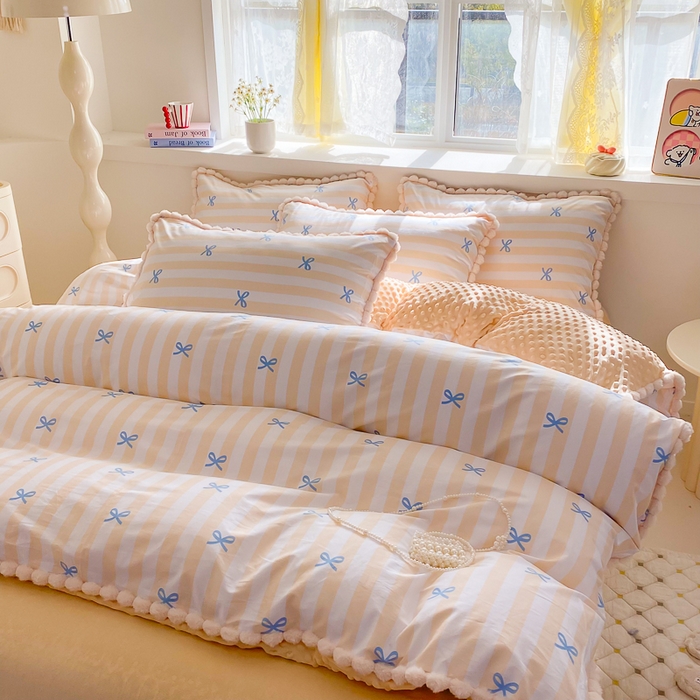 91家纺网 家纺一手货源 找家纺 千朵 2025新款棉加豆豆绒毛毛球边四件套 简单爱