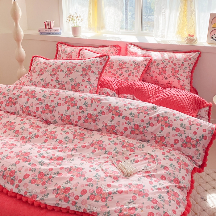 91家纺网 家纺一手货源 找家纺 千朵 2025新款棉加豆豆绒毛毛球边四件套 花漾甜心