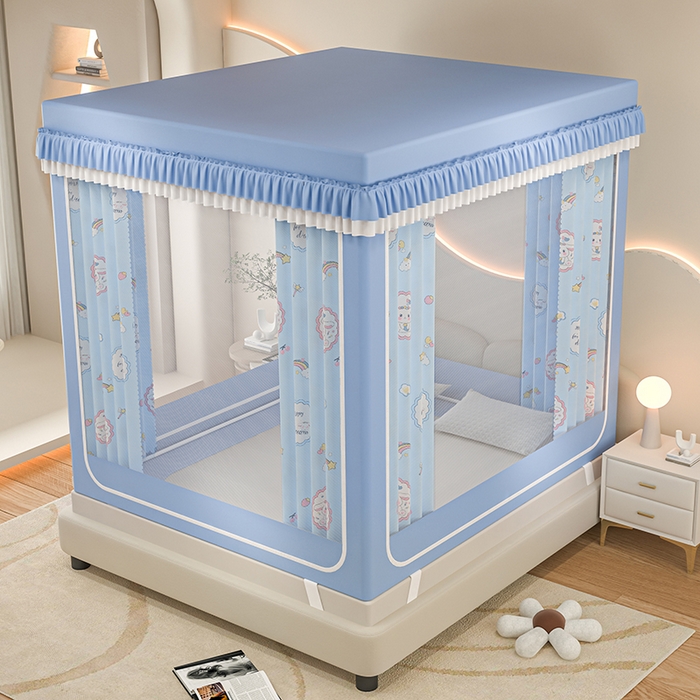 91家纺网 家纺一手货源 找家纺 千逸虹 2025新款坐床防摔可拆卸遮光双层布帘蚊帐 彩虹兔