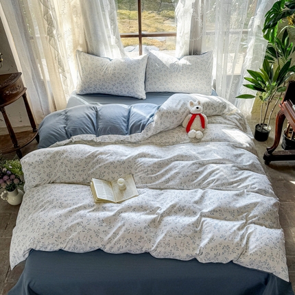 91家纺网 家纺一手货源 找家纺 晚爱家纺（原晚安家居） 2025新款A类双层纱有氧提花彩竺棉小竺棉四件套 田园兔