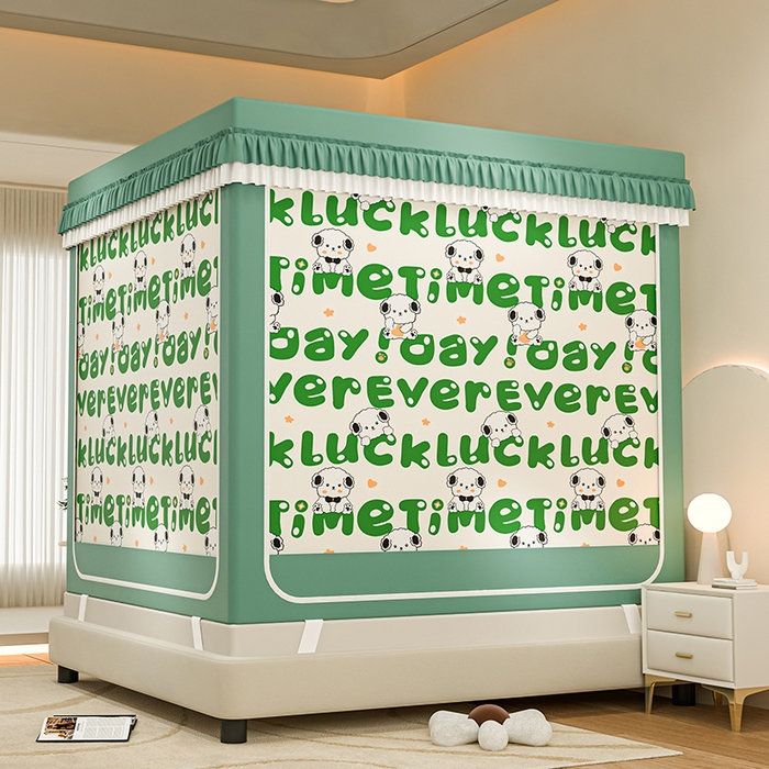 91家纺网 家纺一手货源 找家纺 千逸虹 2025新款坐床防摔可拆卸遮光双层布帘蚊帐 字母宝贝