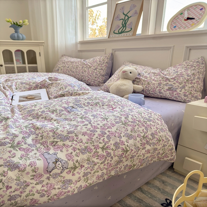 91家纺网 家纺一手货源 找家纺 沐棉家居 2025新款全棉印花四件套 紫花小羊