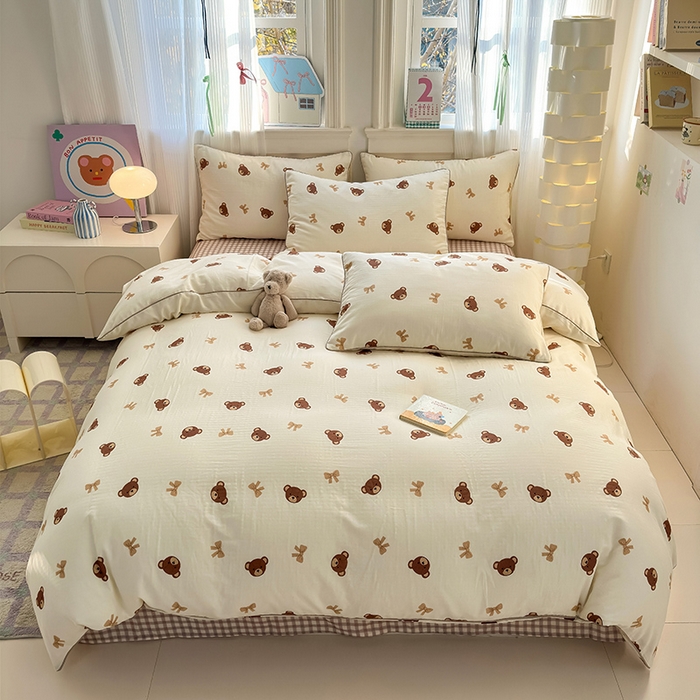 91家纺网 家纺一手货源 找家纺 沐棉家居 2025新款全棉双层纱四件套 迷你熊