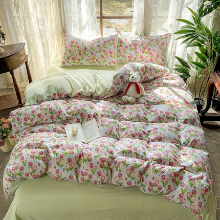 91家纺网 家纺一手货源 找家纺 晚爱家纺（原晚安家居） 2025新款A类双层纱有氧提花彩竺棉小竺棉四件套 郁金香