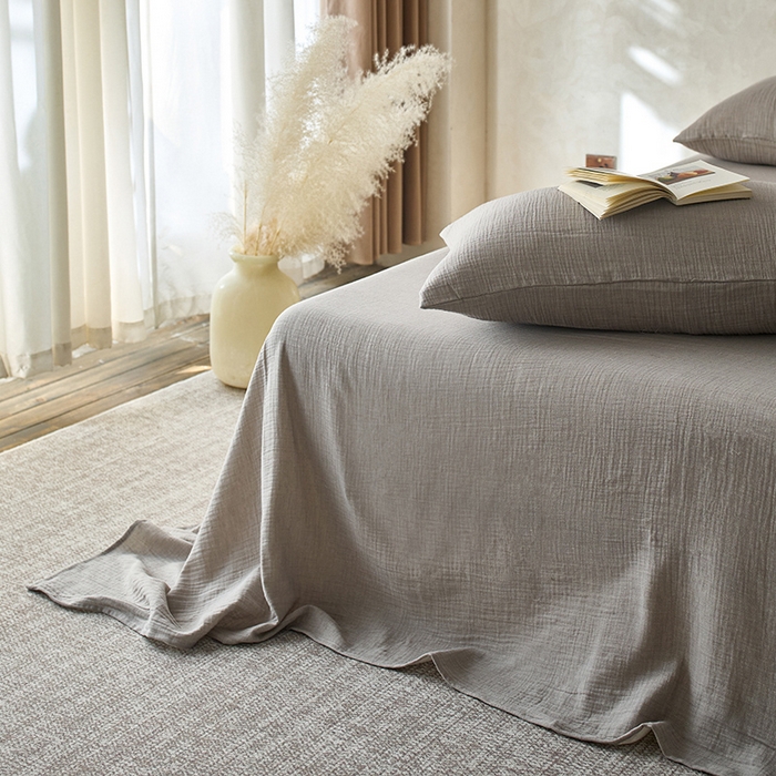 91家纺网 家纺一手货源 找家纺 蓝邻 2025新款全棉双层皱皱纱单品系列-单床单 银月光