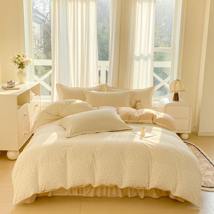 91家纺网 家纺一手货源 找家纺 尚美 2025新款小碎花针织棉床盖四件套 金色年华