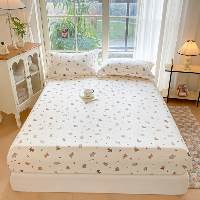 91家纺网 家纺一手货源 找家纺 晨希家居 2025新款全棉A类双层纱床笠 简派小熊