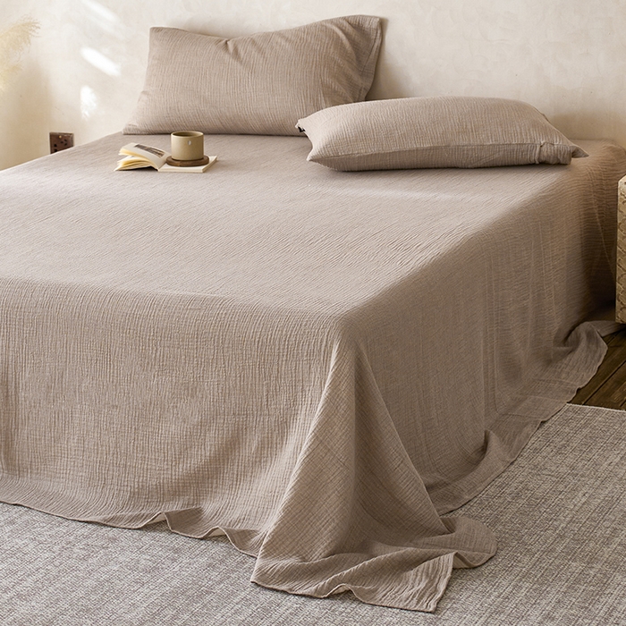 91家纺网 家纺一手货源 找家纺 蓝邻 2025新款全棉双层皱皱纱单品系列-单床单 深驼