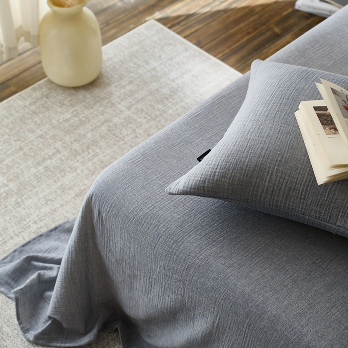 91家纺网 家纺一手货源 找家纺 蓝邻 2025新款全棉双层皱皱纱单品系列-单床单 黛蓝