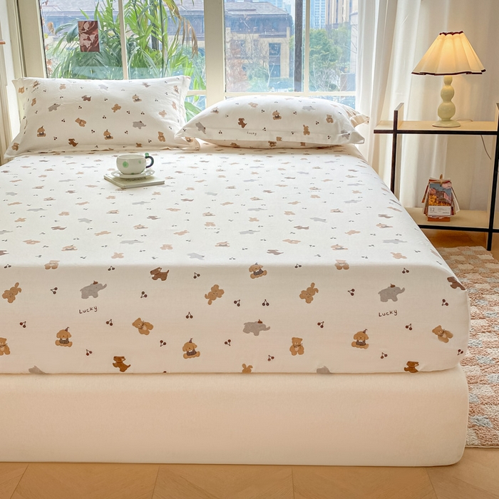 91家纺网 家纺一手货源 找家纺 晨希家居 2025新款全棉A类双层纱床笠 简派小熊