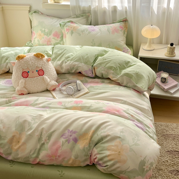 91家纺网 家纺一手货源 找家纺 涵宸家纺 2025新款全棉印花四件套 B绿铃