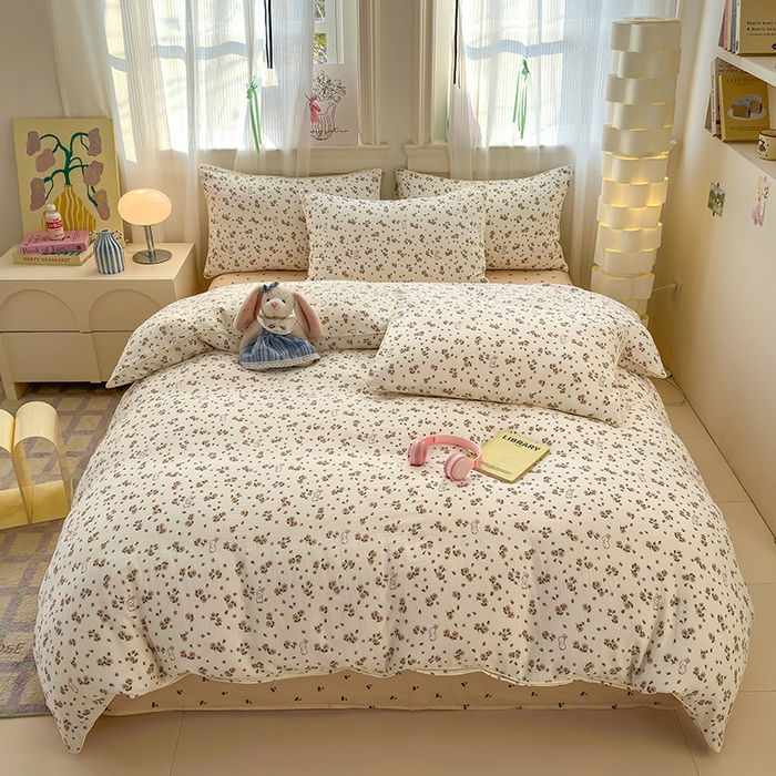 91家纺网 家纺一手货源 找家纺 沐棉家居 2025新款全棉双层纱四件套 花丛小兔