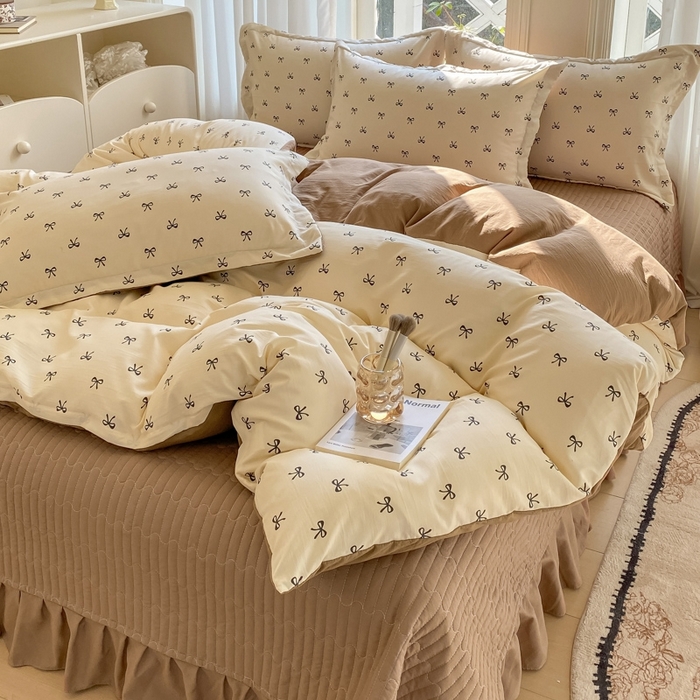 91家纺网 家纺一手货源 找家纺 尚美 2025新款小碎花针织棉床盖四件套 蝴蝶结