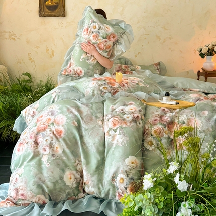 91家纺网 家纺一手货源 找家纺 你好美丽 2025新品水洗棉皱皱纱大宽边印花四件套 夏夜绿