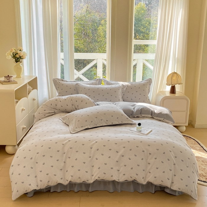 91家纺网 家纺一手货源 找家纺 尚美 2025新款小碎花针织棉床盖四件套 开心结