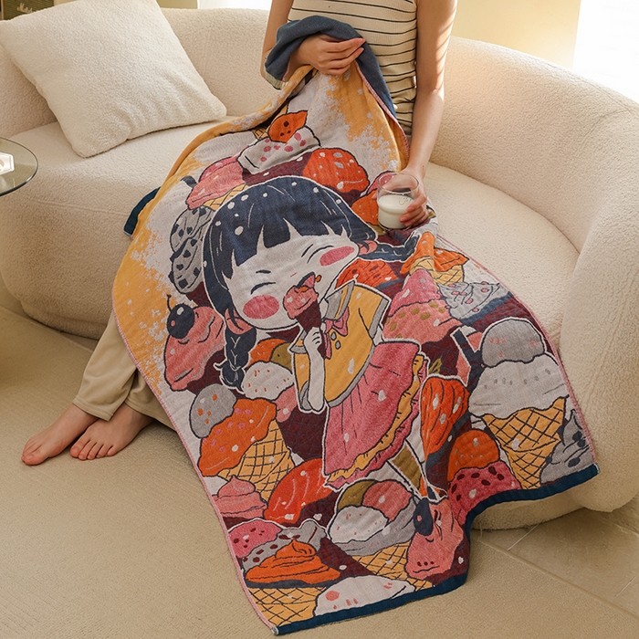 91家纺网 家纺一手货源 找家纺 雯雨家纺 2025新款亲肤可爱全棉A类纱布浴巾 冰淇淋女孩