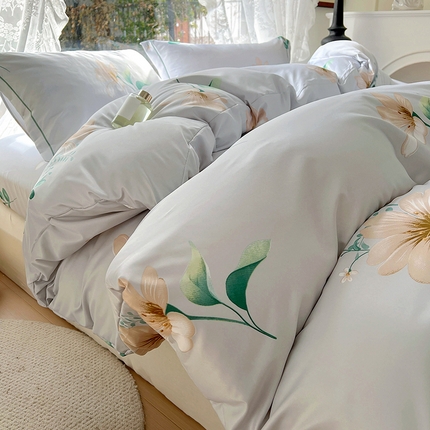 91家纺网 家纺一手货源 找家纺 耀悦家纺 2025新款水洗真丝四件套简约印花小清新欧式ins新中式冰丝四件套 芳草